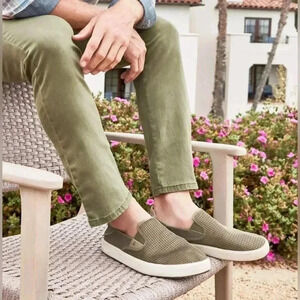 Olukai Pehuea Clay Khaki Green Perforated Textile Round Toe Slip On Sneakers